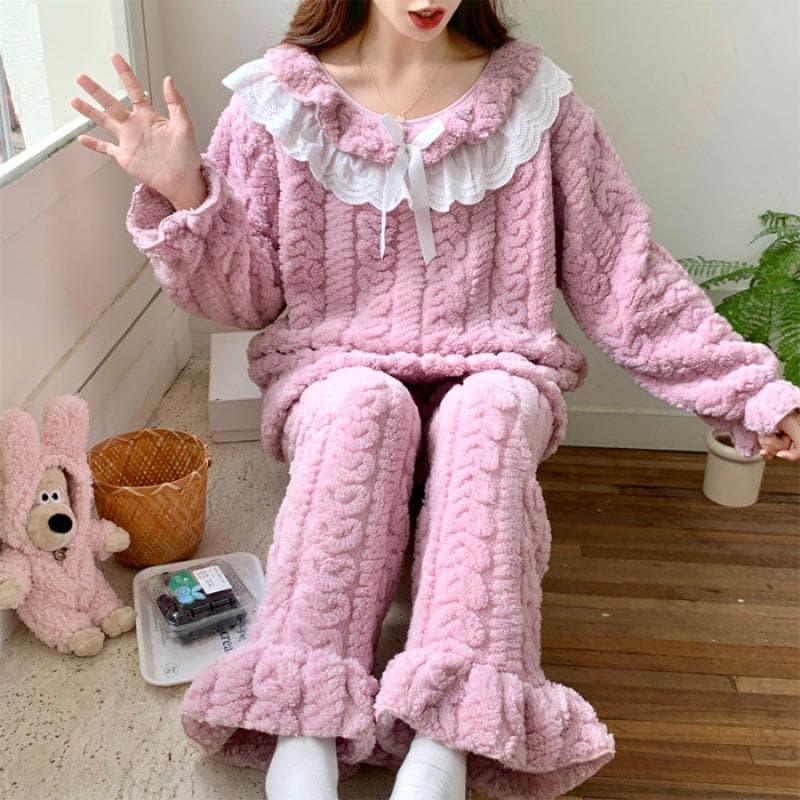 Autumn Winter New Plush Pajamas for Women Round Neck Lace Long Sleeve Women's 2 Pieces Set Sweet Solid Color Princess Home Wear M purple