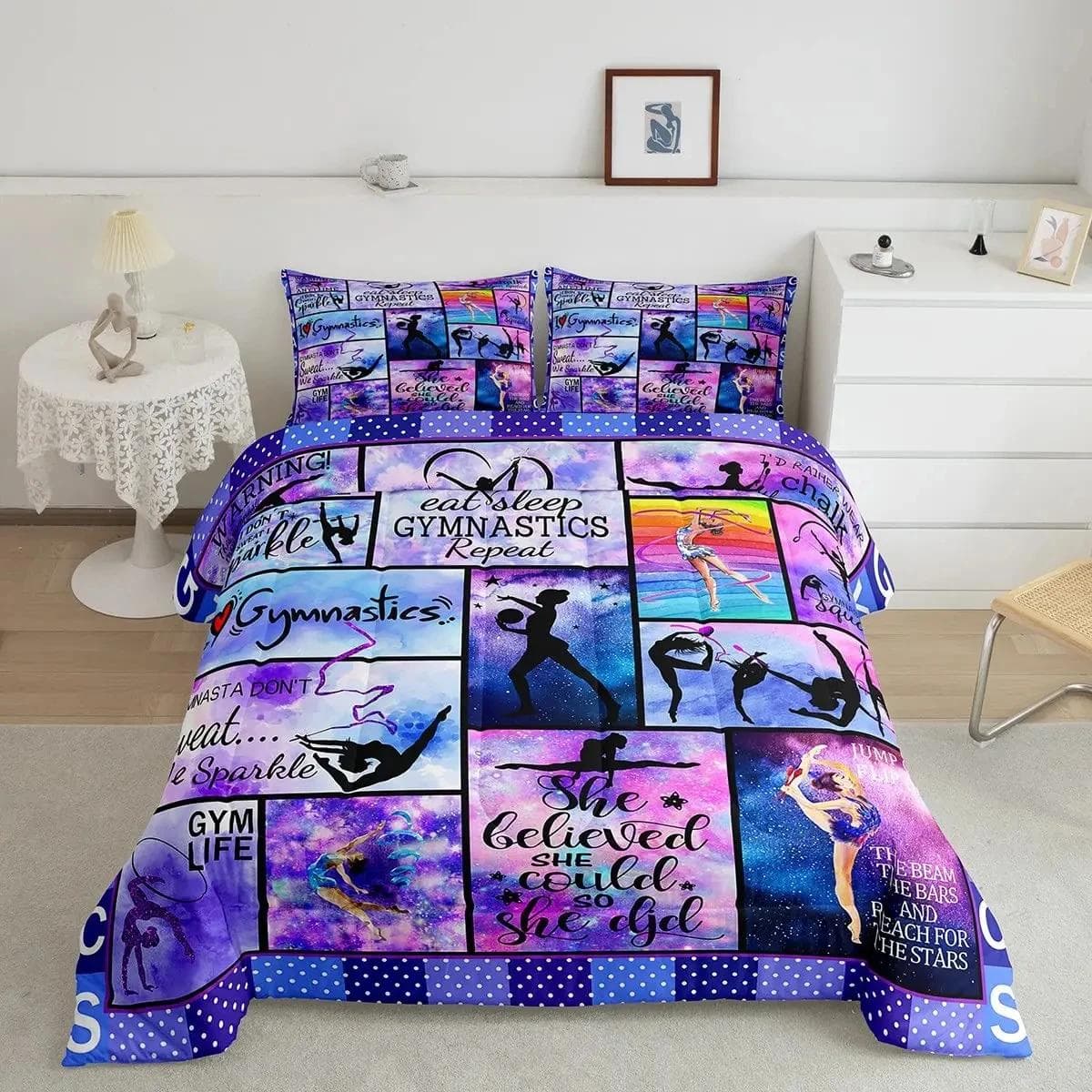 Gymnastics Dance Lovers Duvet Cover King,Watercolor Butterfly Star Sky Bedding Set 3pcs,Silhouette Rainbow Graffiti Quilt Cover cot size 70x133cm
