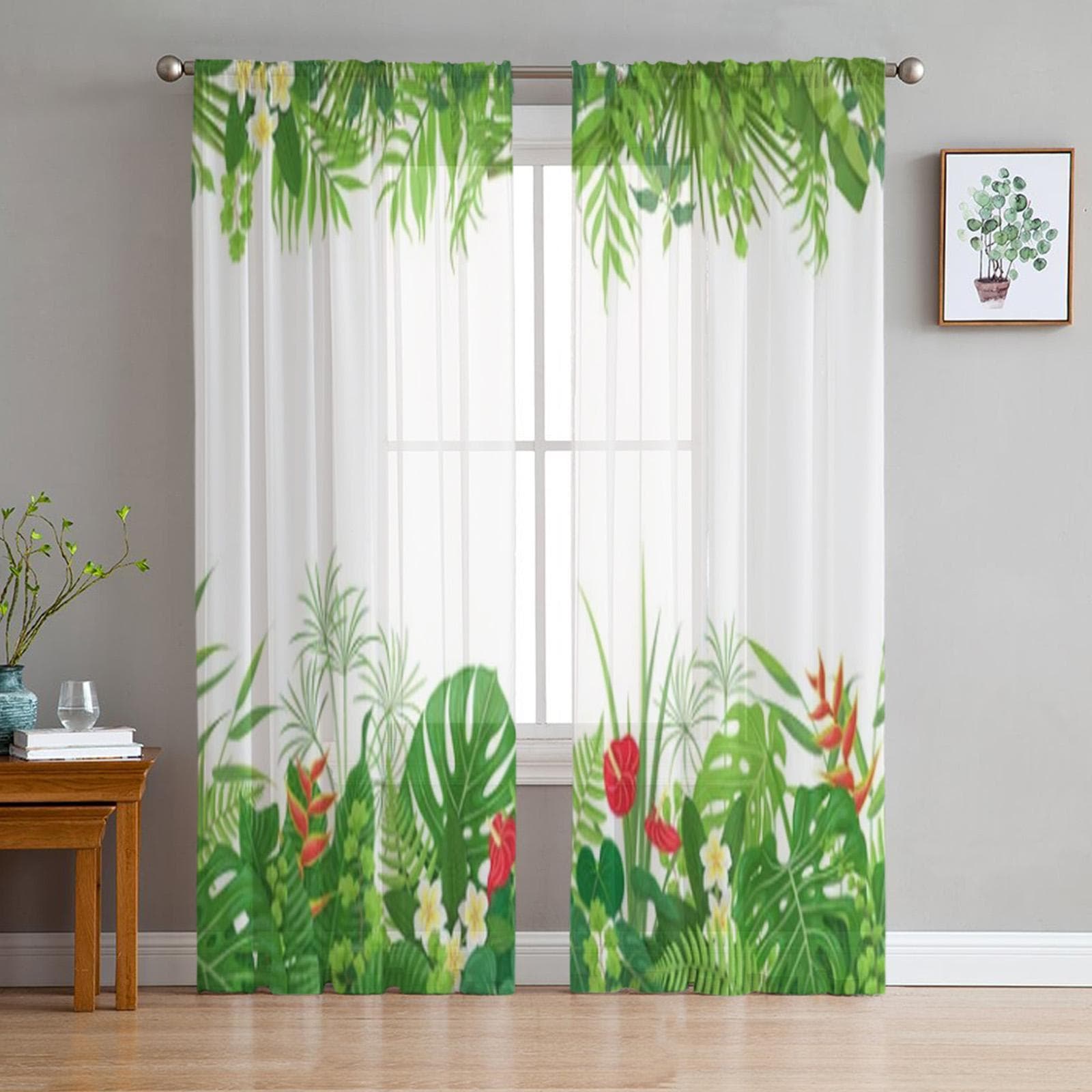 Branch Fresh Green Leaves Sheer Curtains for Living Room Transparent Tulle Window Curtain Bedroom Kitchen Home Decor Veil Drapes 135W x 114H(cm)