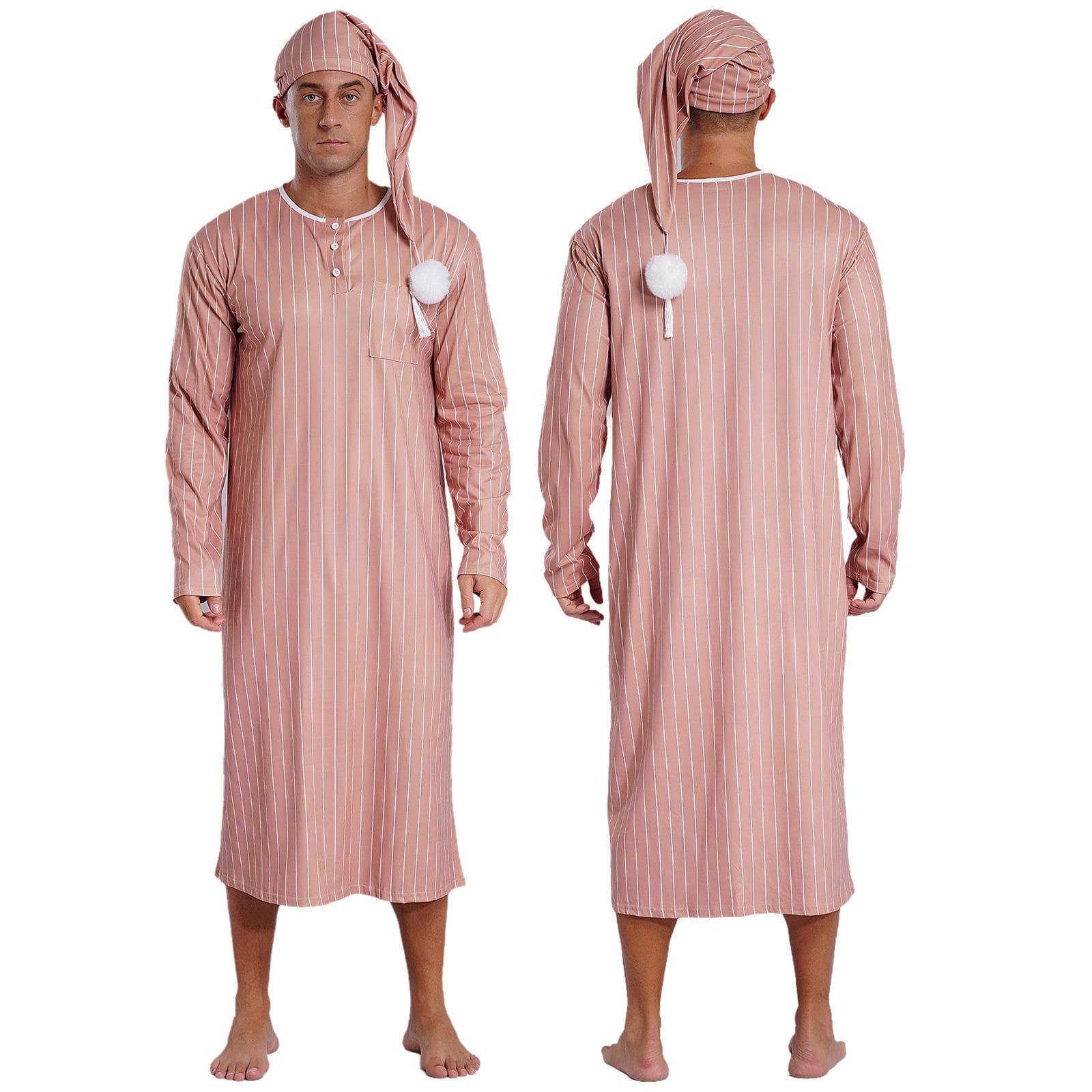 Men's Soft Loose Sleepwear Striped Long Sleeve Nightshirt with Sleeping Cap Pajama Set L khaki
