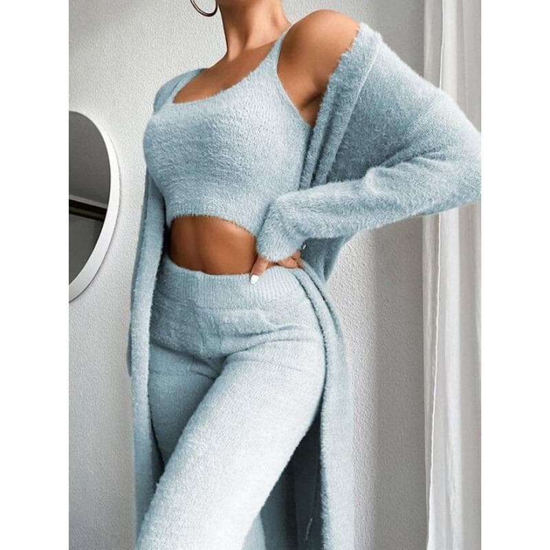 European and American New Sexy V-neck Plush Short Vest and Trousers Three-piece Set, Suit for Women XL