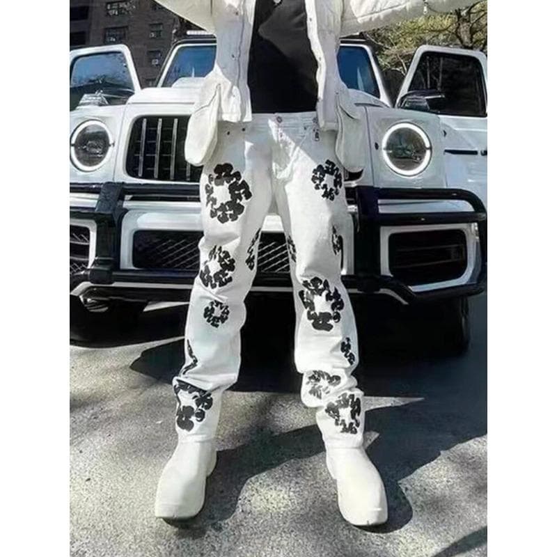 Loose Jeans Clothes Street Clothing Casual Flower Printed Jeans Men M