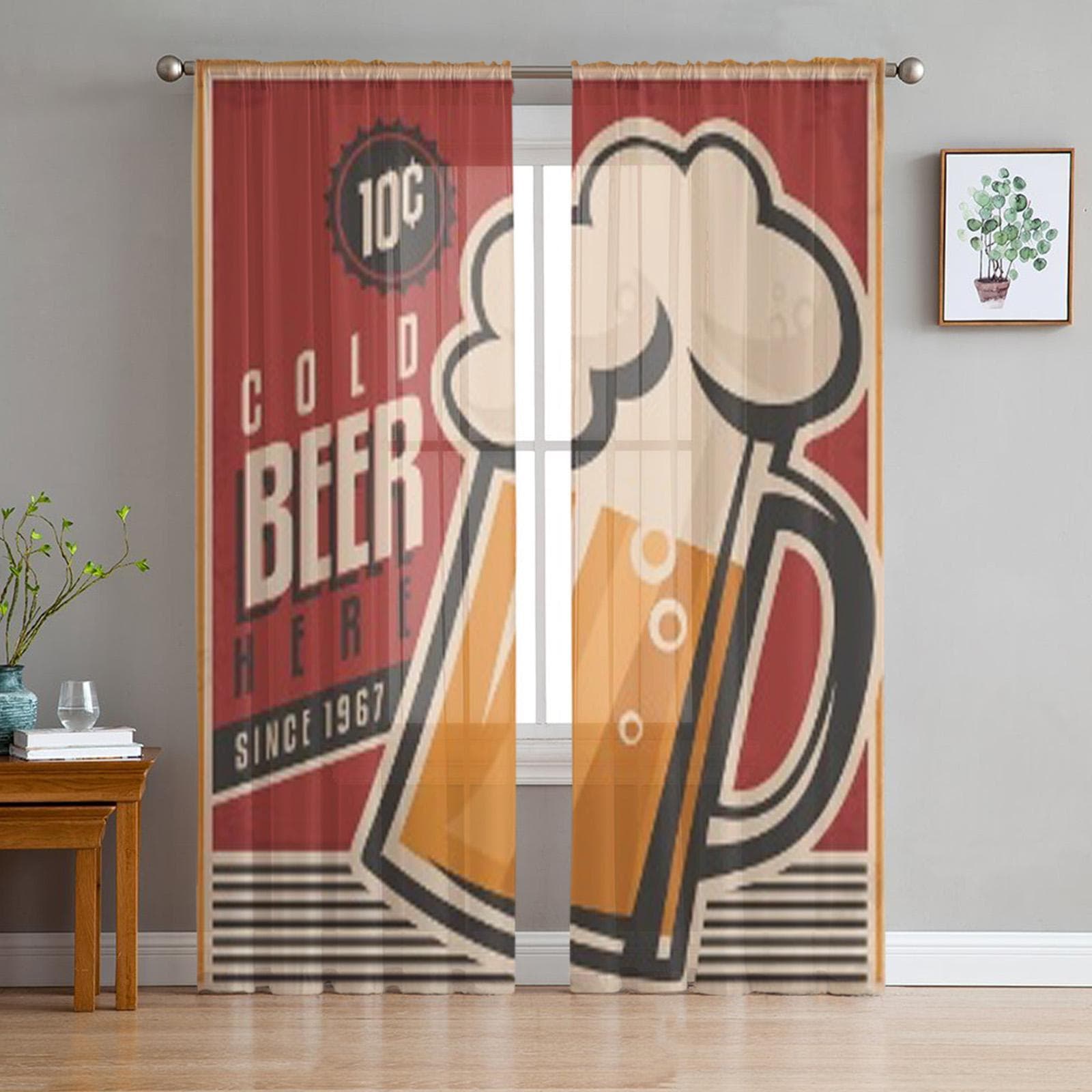 Retro Beer Poster Tulle Sheer Window Curtains For Living Room The Bedroom Modern Chiffon Voile Organza Curtains Decor Drapes 135W x 114H(cm)