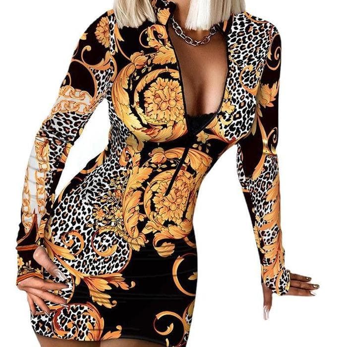 2024 New Women's Leopard Fashion Dress Long Sleeve Sexy Zipper Party Dresses Mid-Length M yellow