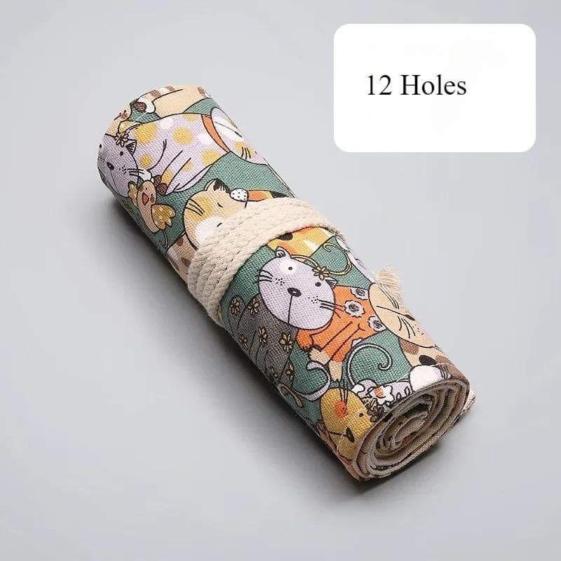 12/24/36/48/72 Holes Canvas Roll Pen Bag School Students Supplies Makeup Brush Storage Bag Cute Cats Roll Pen Pouch Stationery 12 Holes