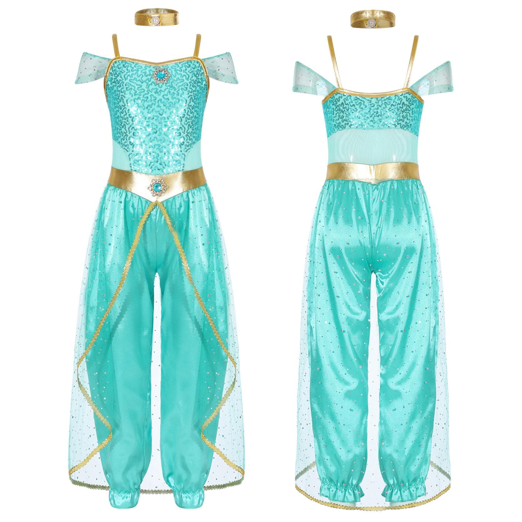 Girls Arabian Princess Costume Sleeveless Shiny Sequins Long Jumpsuit Bodysuit with Choker for Cosplay Belly Dance Dress Up 7-8 Years light green