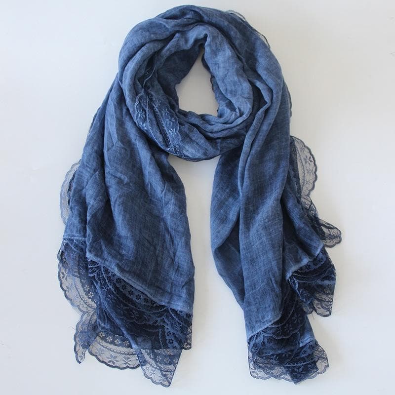 Autumn and Winter New Cotton and Linen Monochrome Lace Scarf Scarf Linen Tie-Dyed Autumn Fashion 80*180 denim blue