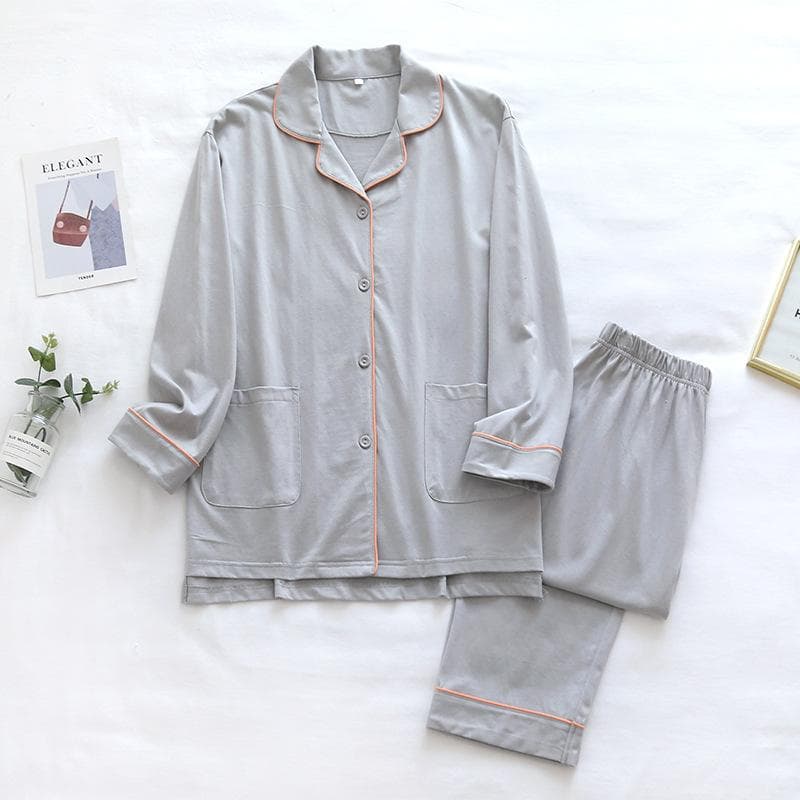 Solid Color Cotton Pajamas Women's Long Sleeved Cardigan Long Pants Two-Piece Sleepwear Loose Fitting Casual Nightwear Home Wear XL grey