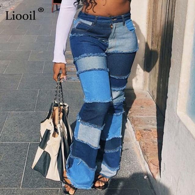 Adisputent Color Block High Waist Flare Jeans With Pockets Streetwear Sexy Ladies Trousers Bell Bottoms Skinny Denim Jean Pants XL blue