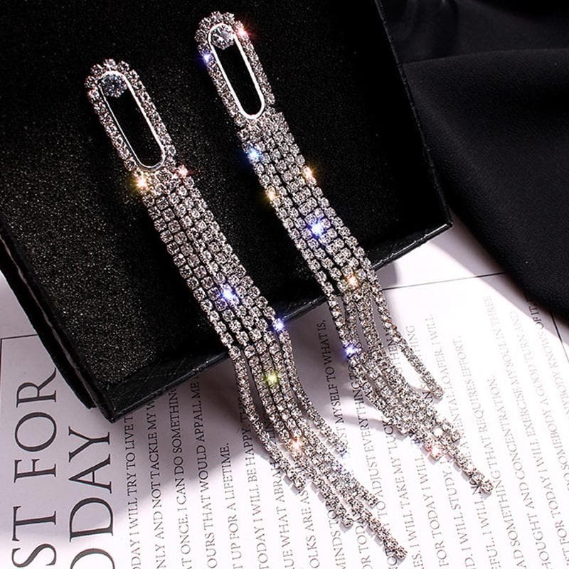 Fashion Shiny Long Tassel Drop Earrings for Women Full Rhinestone Crystal Dangle Earring Girl Wedding Party Personality Jewelry silver