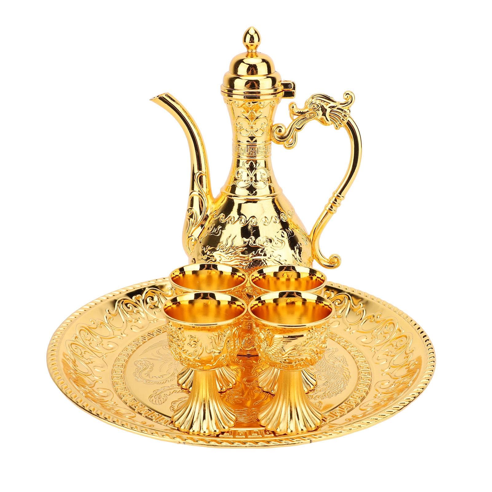 Turkish Tea Set Vintage Exquisite Luxurious Metal Teapot Tea Tray and 4 Cups Set for Home Silver gold
