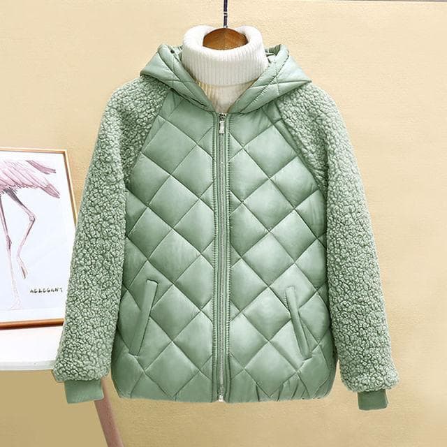 Thin Light Down Cotton Jacket Female Short Coat Autumn Winter Women's 2021 Hooded Loose Imitation Lamb Wool Cotton Jacket XL green