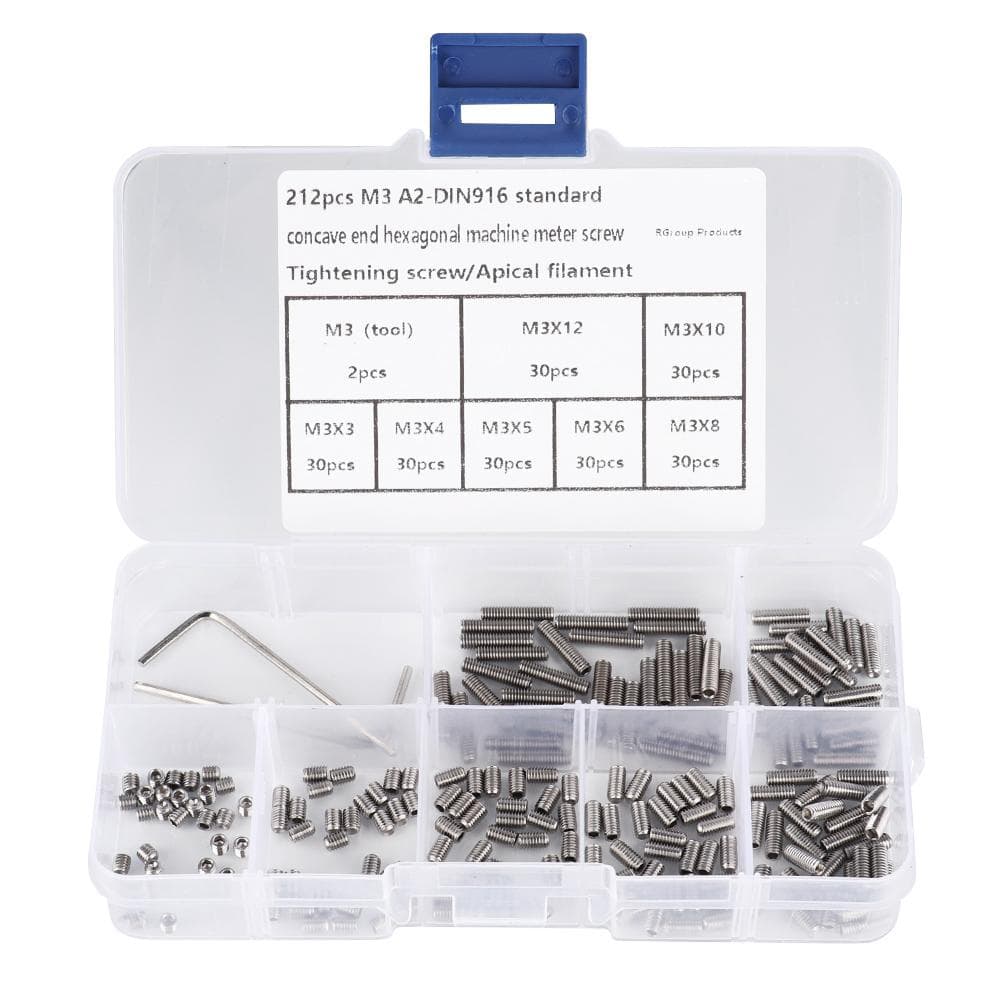 212Pcs Grub Screws Stainless Steel M3 A2DIN916 Inner Hex Concave End Tighten Screw Headless