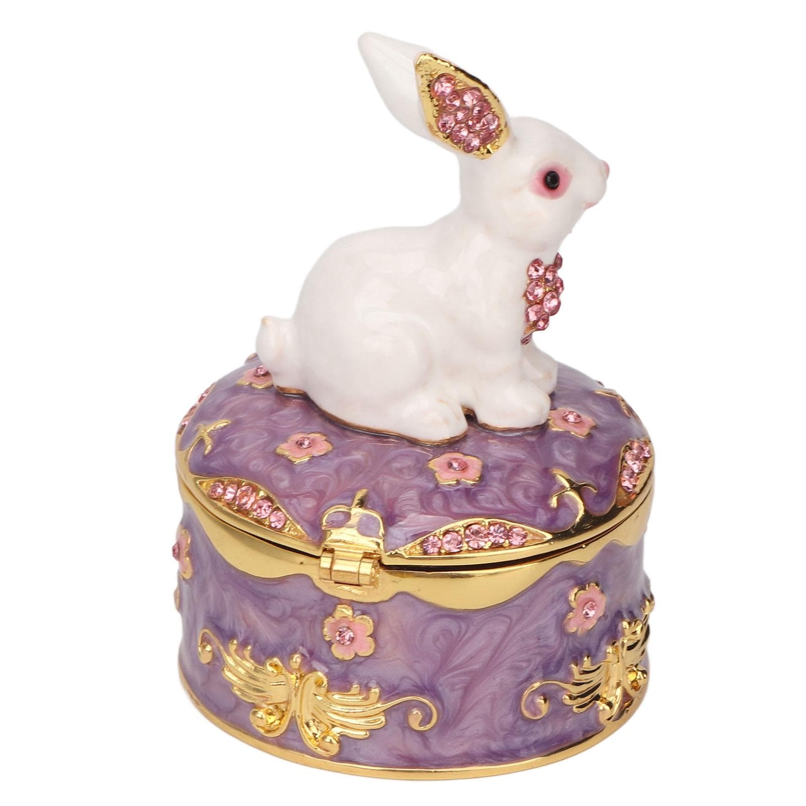 Rabbit Trinket Box Vintage Metal Enamel Antique Floral Engraving Pattern Earrings Rings Necklace