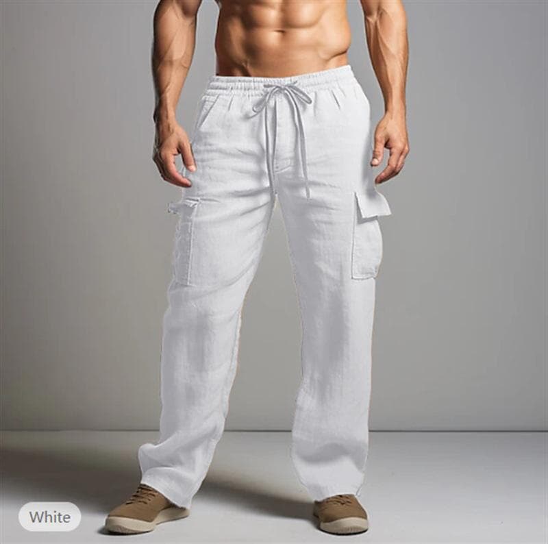 Men's Pants Casual Loose Lightweight Drawstring Elastic Waist Summer Yoga Beach Straight Trousers for Men Breathable Pants with Pockets XL white