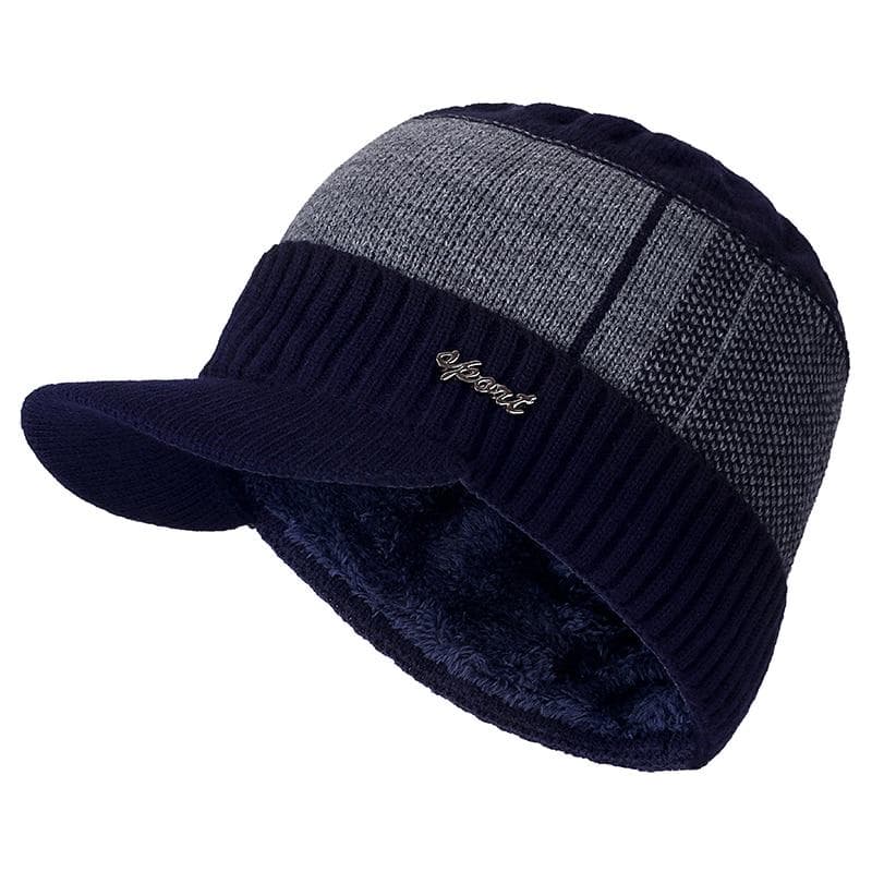 Fur-Lined Warm Winter Stylish Beanie Hat with Wool Brim for Men and Women 54cm-62cm navy blue