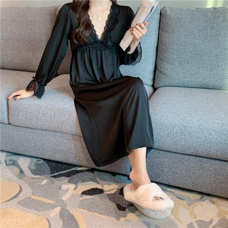 Palace Princess Style Women Nightdress Lace Sexy With Chest Pad Long Sleeve Sleepwear XL black