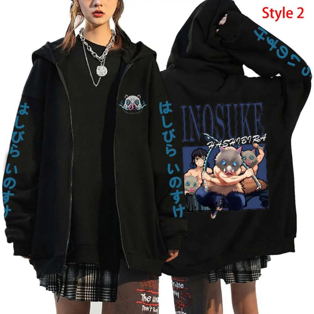 Hot Anime Hashibira Inosuke Printing Zipper Hoodies Women Men Fashion Y2k Personality Zipper Long Sleeve Hooded Sweatshirt L