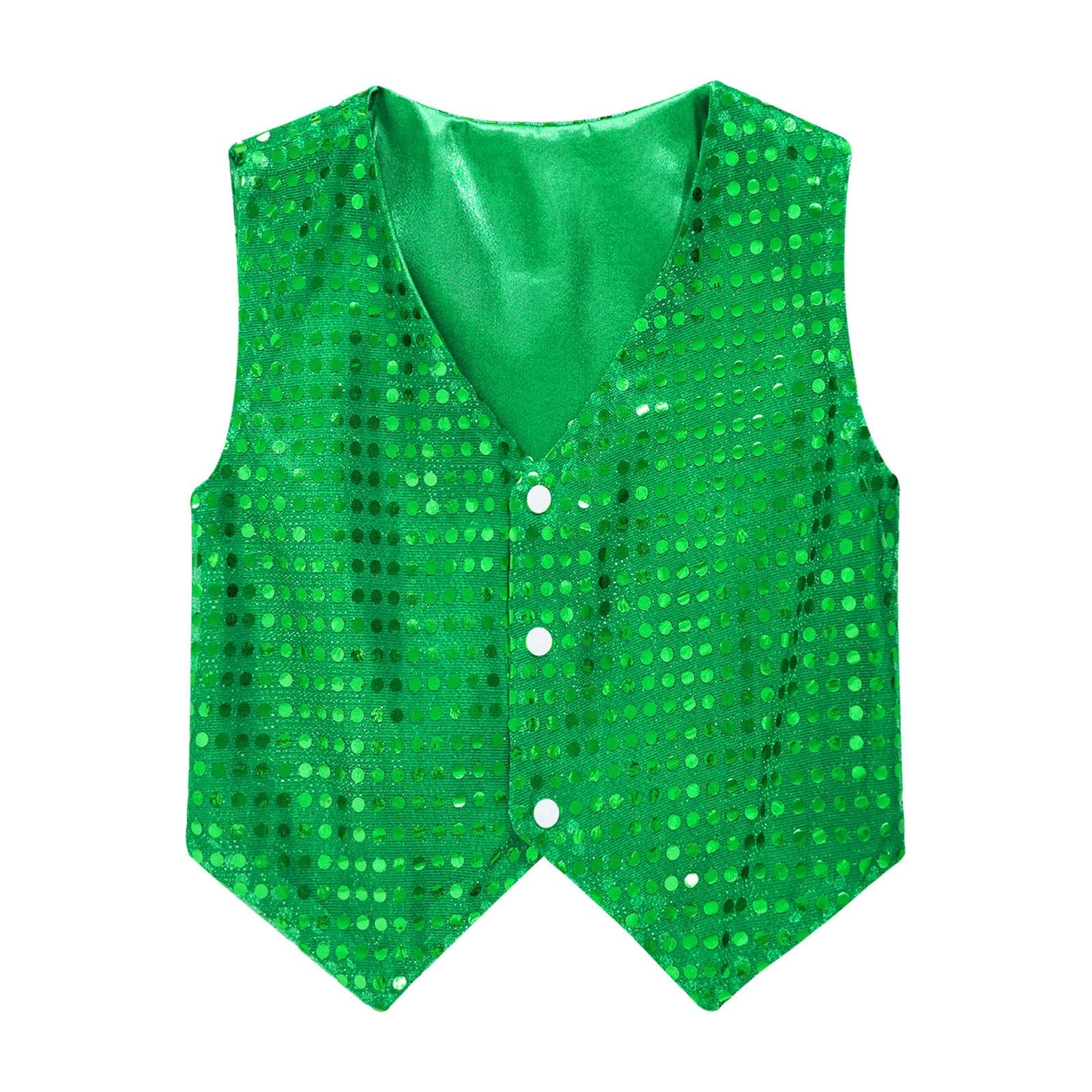 Kids Boys Glittery Sequined Vest Costume Waistcoat for Choir Jazz Dance Performance 14-15 Years green