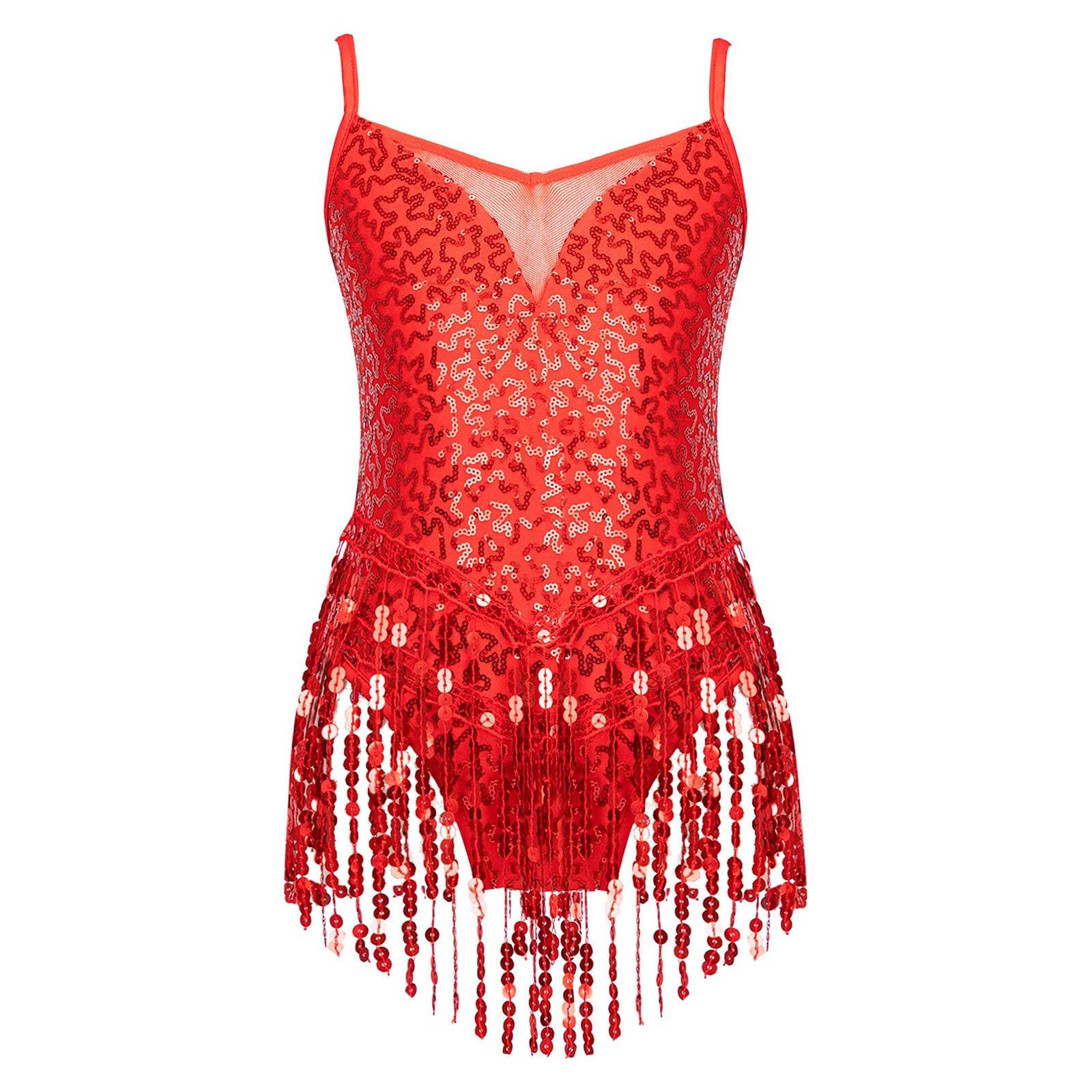 Kids Girls Latin Dance Shiny Sequin Mesh Patchwork Tassel Hem Leotards Skating 11-12 Years red