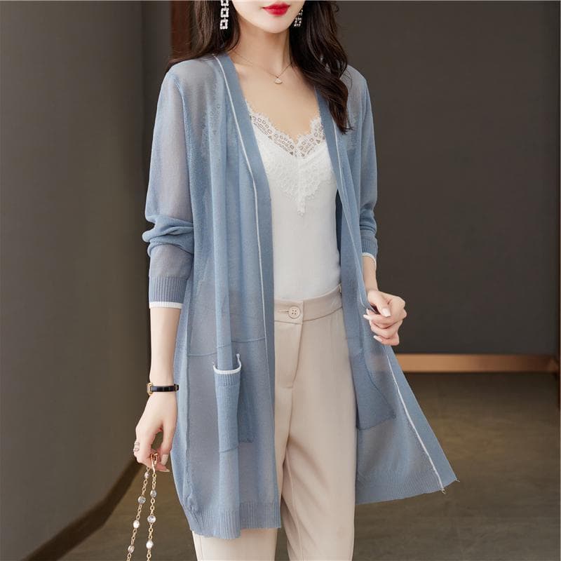 Large Loose Ice Knitted Cardigan Women's Summer Thin Jacket, Sun Protection Jacket, Long Air-conditioned Shirt 3XL blue