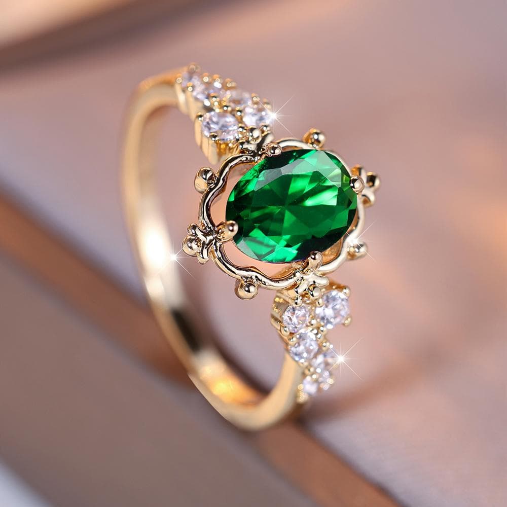 Luxury Crystal Pink Zircon Oval Stone Flower Rings for Women Vintage Rose Gold Color Wedding Band Bridal Jewelry Engagement Gift 9 green/gold