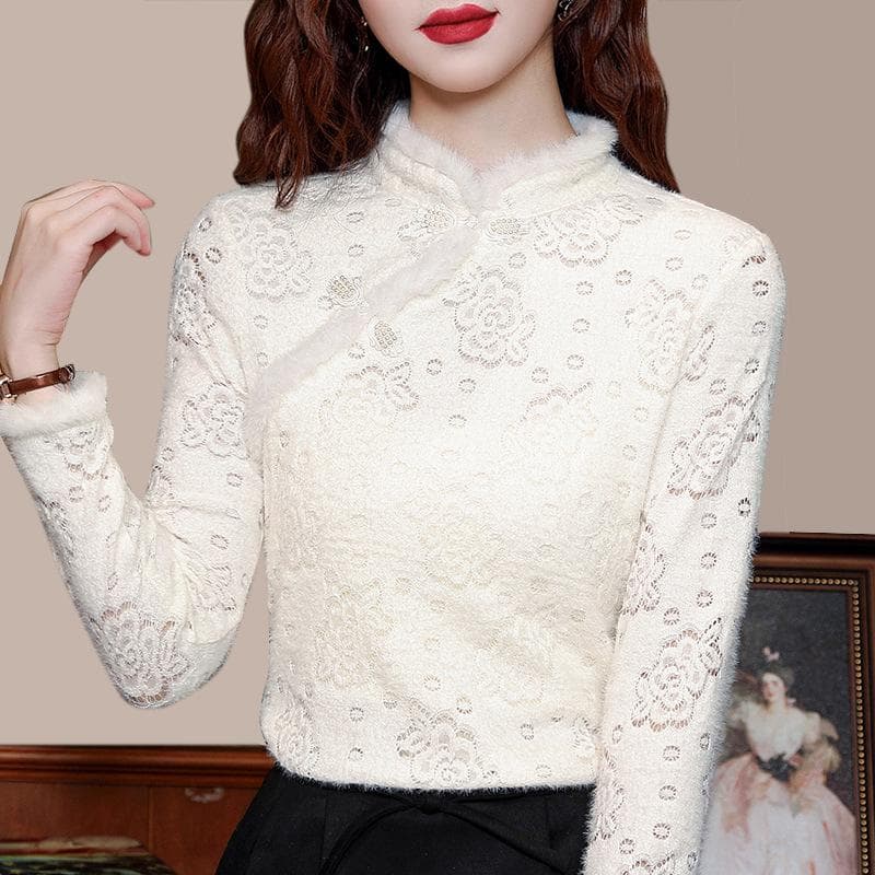 Stand-up Collar Bottoming Shirt Women's New Autumn and Winter Diagonal Placket Women's Clothing Warm Velvet Thickened Inner Top 2XL