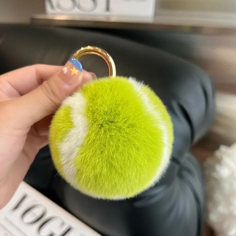 Cute Tennis Real Rabbit Fur Tennis Car Keychain Pendant Ins Plush Ball School Bag Hanging Ornaments For Girl'S Gift green