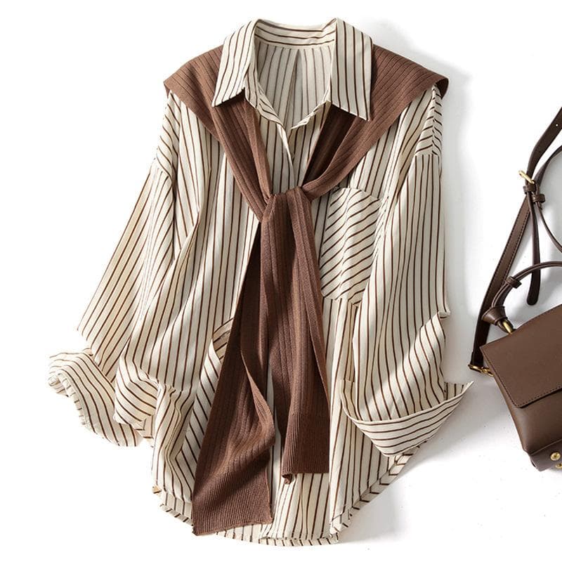 Shawl Design Sense Niche Striped Shirt Women's Two-piece Top Looks Thin and Age-reducing French Shirt Fashionable and Foreign Autumn M