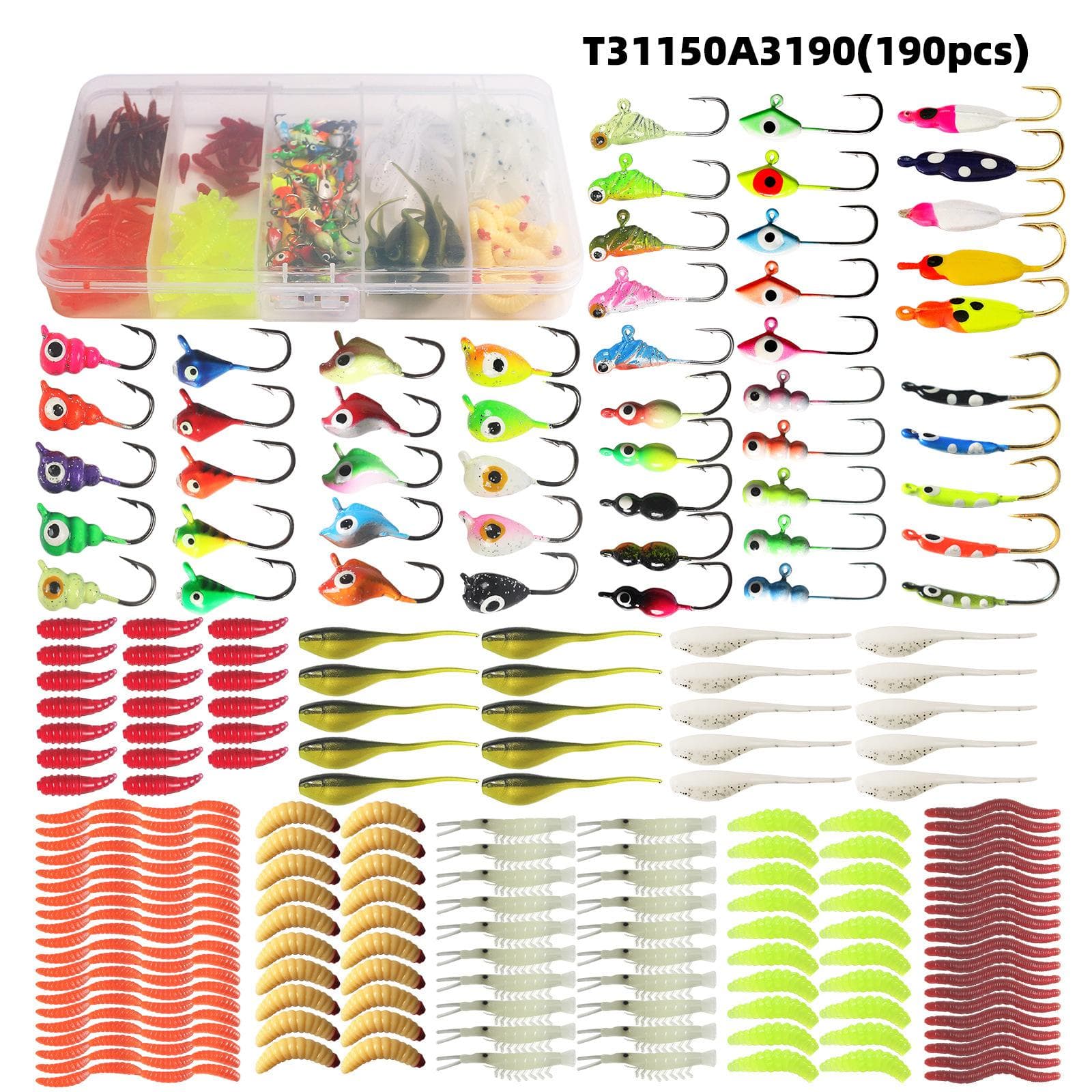 190pcs Ice Fishing Jigs Ice Fishing Lures Ice Fishing Starter Kit for Walleye Crappie Panfish 190pcs