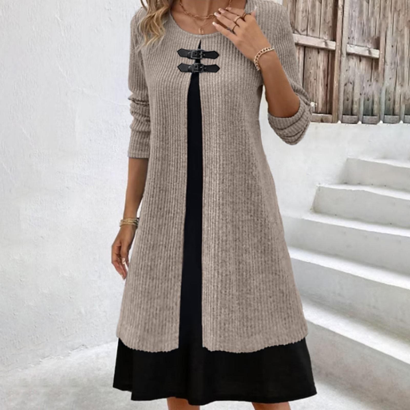 Womens Winter Sweater Dress Crew Neck Long Sleeve Dress Fashion Knitted Street Dresses L brown