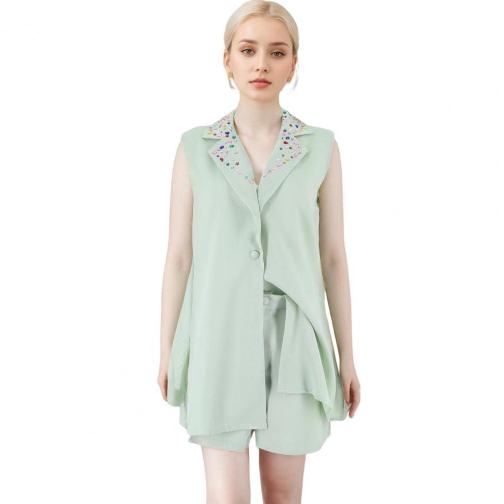 2 Pcs/Set Women Vest Shorts Set Rhinestone Decor Lapel Sleeveless Slit Hem Single Button Cardiagn Coat High Waist Solid Color Sh S green