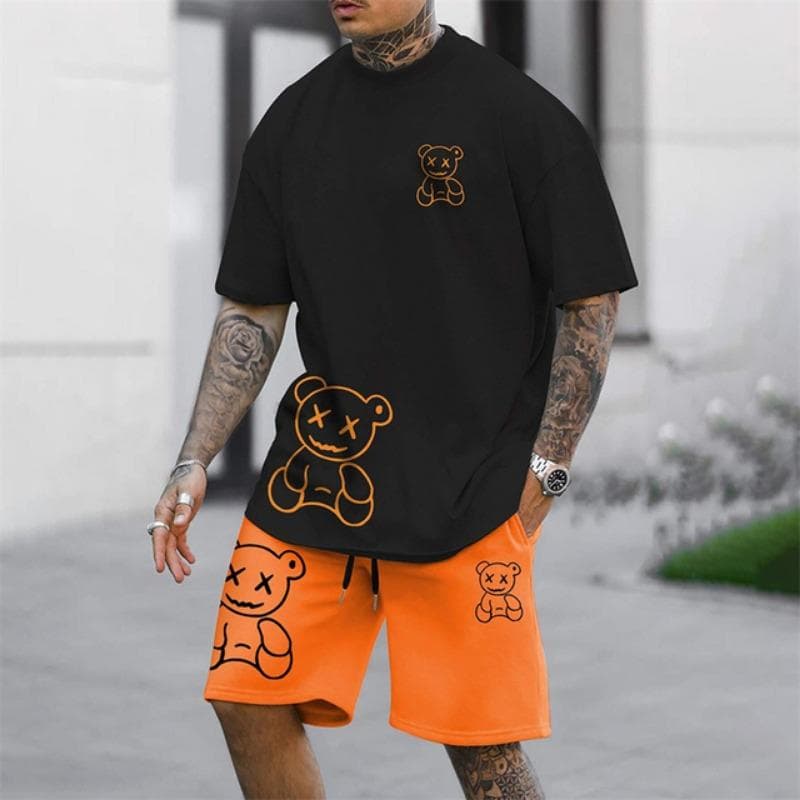 2025 Fun Bear Harajuku T-Shirt Men's Summer Loose Daily Couple Suit Outdoor Street Short Sleeve Shorts Two Piece Men Summer Suit L
