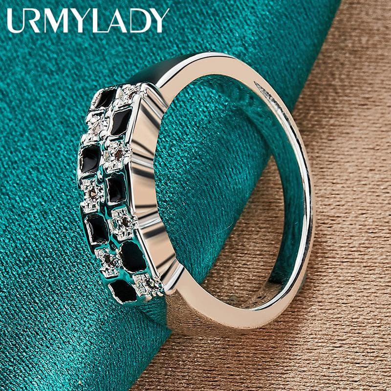 925 Sterling Silver Black White Lattice Zircon 7-10# Ring For Women Wedding Party Gift Fashion Charm Jewelry 9