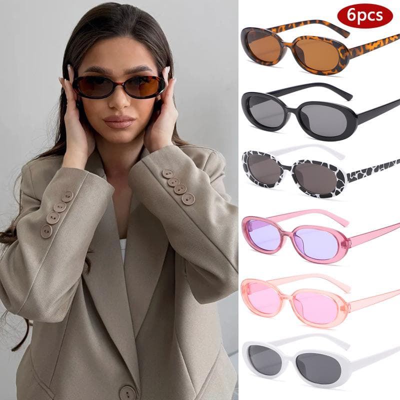 1/6pcs Small Oval Sunglasses Women Men Trendy Vintage Colorful Cat Eye Sun Glasses UV400 Leopard Punk Eyewear show as picture