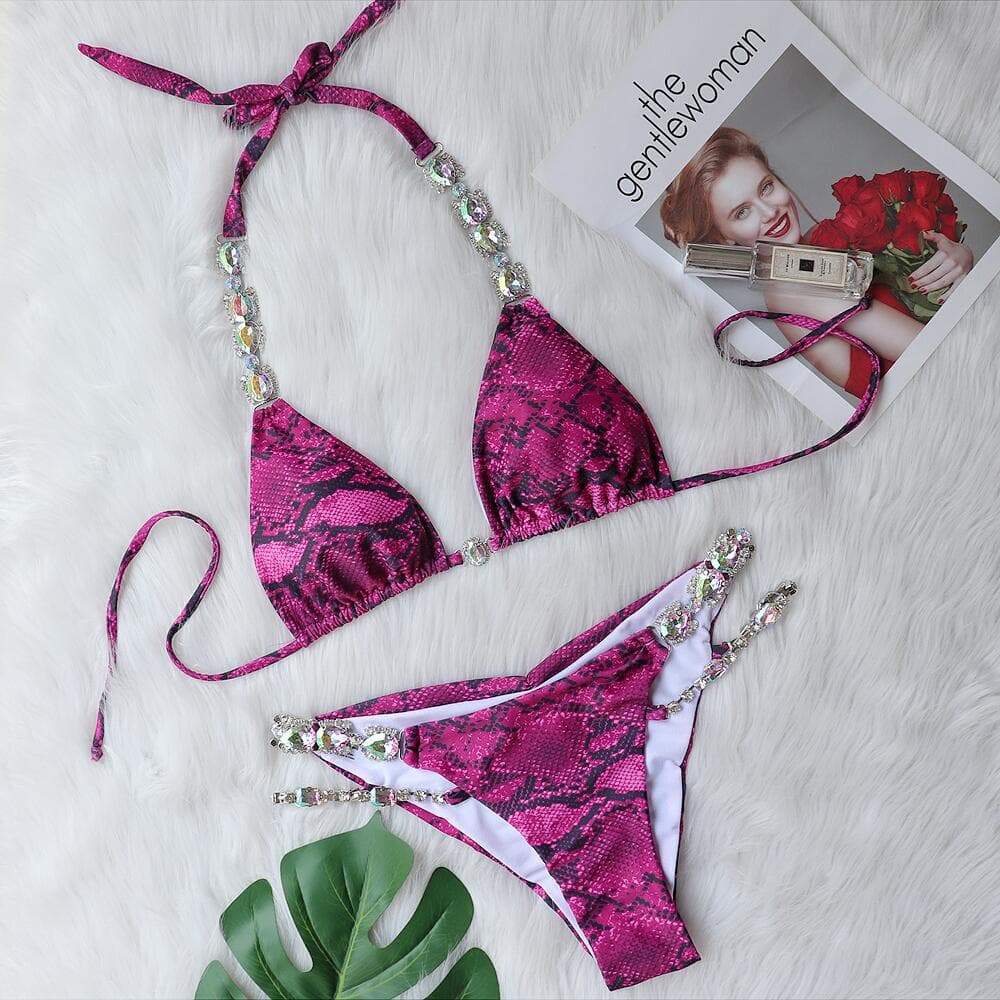 Bikini Sexy Snake Print Crystal Diamond Women Split Swimsuit Beach Swimsuit M rose red