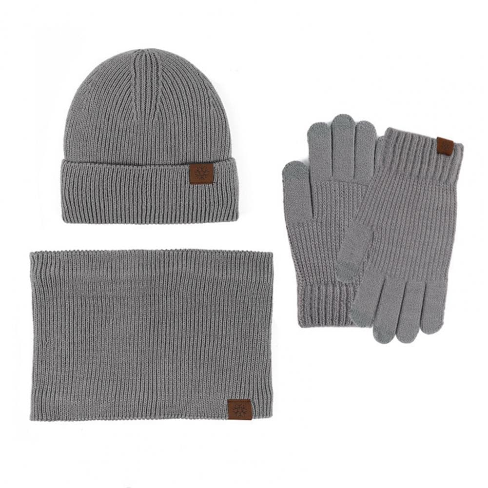 3 Pcs/Set Women Winter Hat Scarf Gloves Set Thick Plush Knitted Warm Cap Gloves Elastic Ear Windproof Wi grey