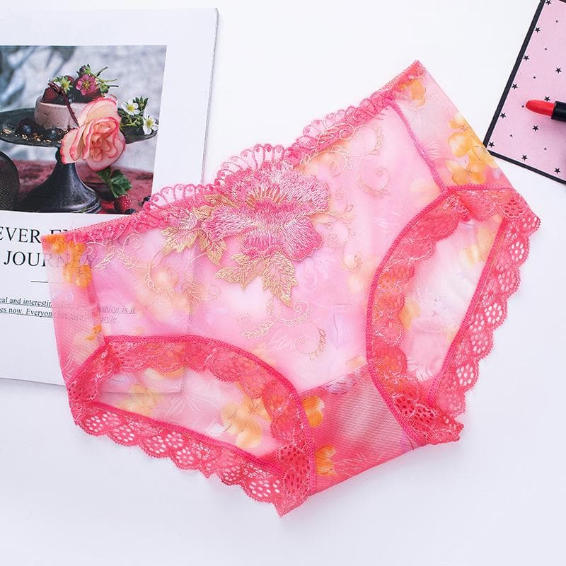 Lace Underwear Sexy Medium Waist Breathable Mesh Embroidery Hollow Large Size Transparent Ladies Underwear XL rose red