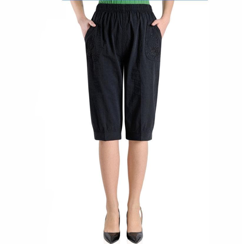 Middle-aged and Elderly Summer Elastic Waist Ladies High Waist Straight Pants Large Size Washed Cotton Cropped Pants XXXXL black