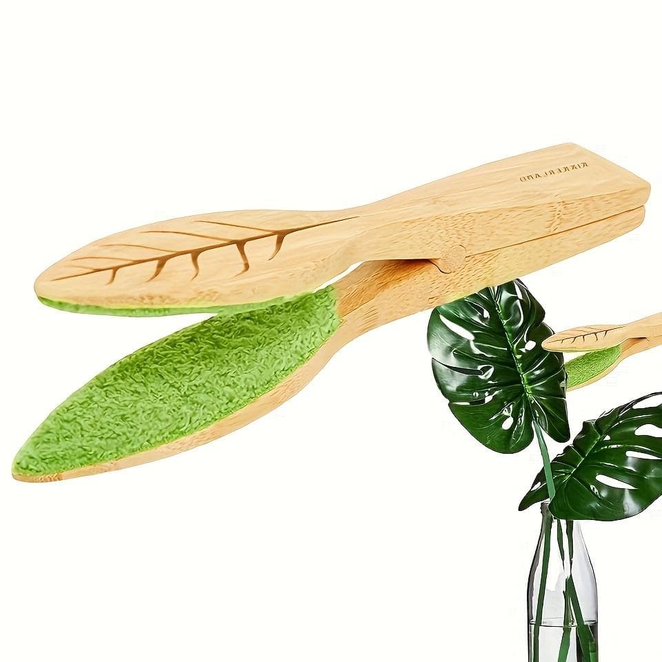 1pc Wooden Leaf Cleaning Tongs Handheld Green Plant Dust Brush Plant Care Cleaning Tool Gardening Supply Leaf Cleaner Accessory light green