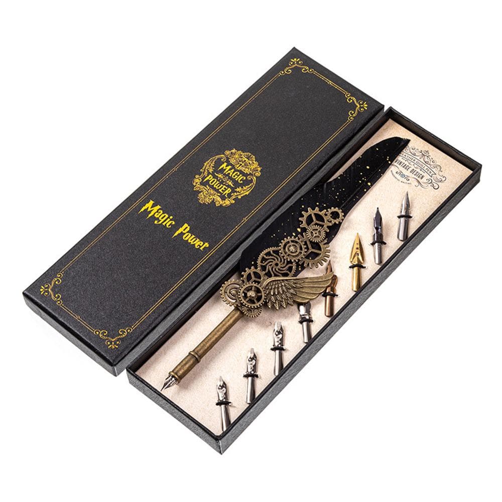 Retro Feather Dip Pen Set Vintage Quill Pen Steampunk Mechanical Style Calligraphy Writing black