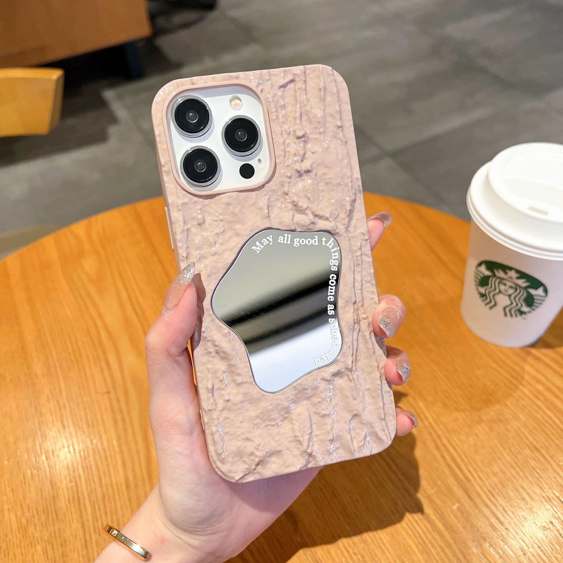 The Japanese and Korean Ins Mirror with Rock Folds Is Suitable for Apple 15pro Phone Cases and IPhone14/13 Drop Protection Cases iPhone15proMax pink