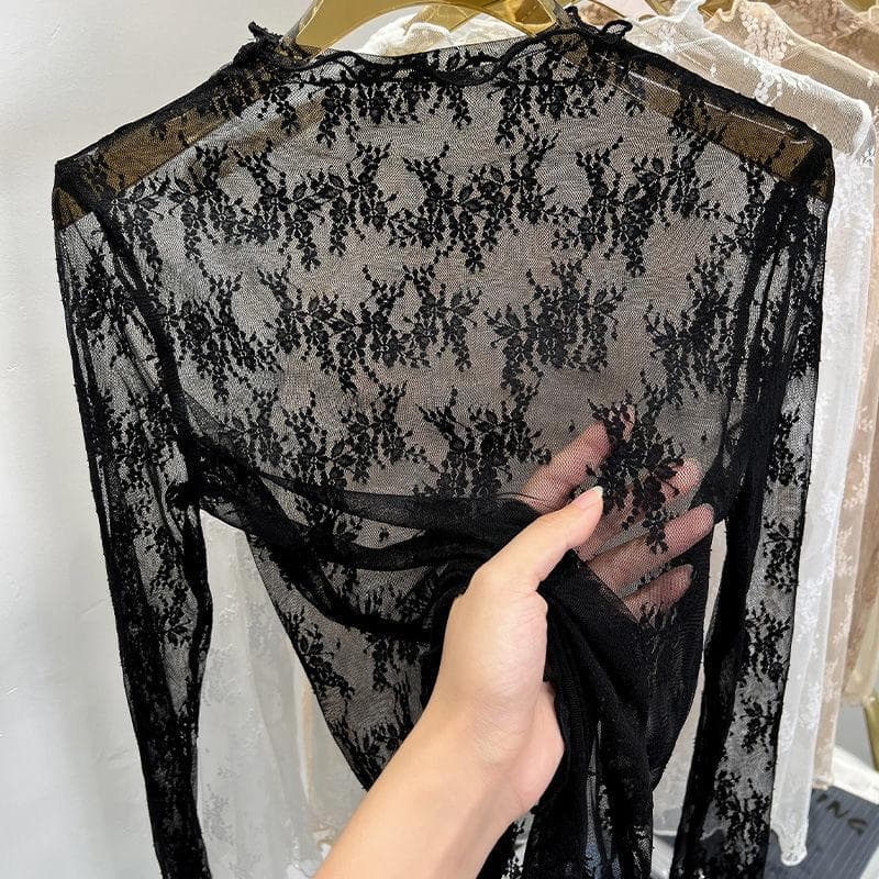 Wooden Ear Edge Lace Leggings Women's Long Sleeve Slim Inside Take Transparent Gauze Top M black