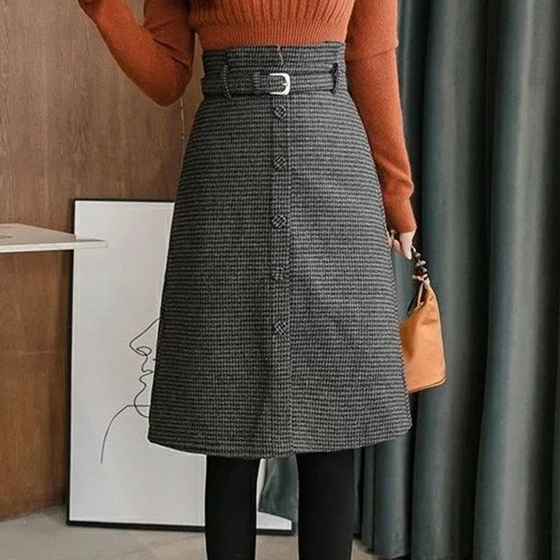 Women Plaid Wool Blend Midi Belted Skirts High Waist Slim Houndstooth A-Line Knee Length Skirt Female Faldas M grey