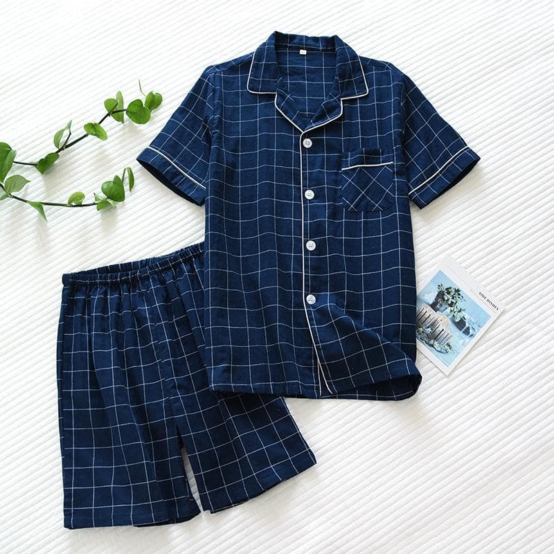 Summer New Men's Pajamas Two-piece Set 100% Cotton Gauze Short-sleeved Shorts Simple Plaid Loose Casual Home Wear Set L