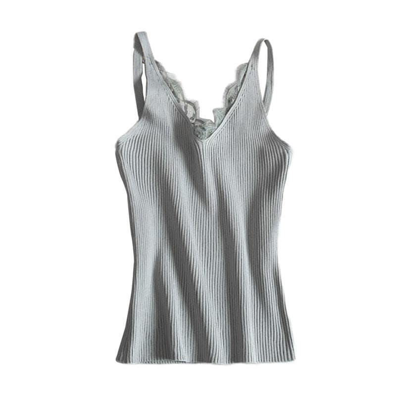 Sexy Women Plain Camisole Lace Splicing Double V-neck Vest Slim Sling Tank Tops grey