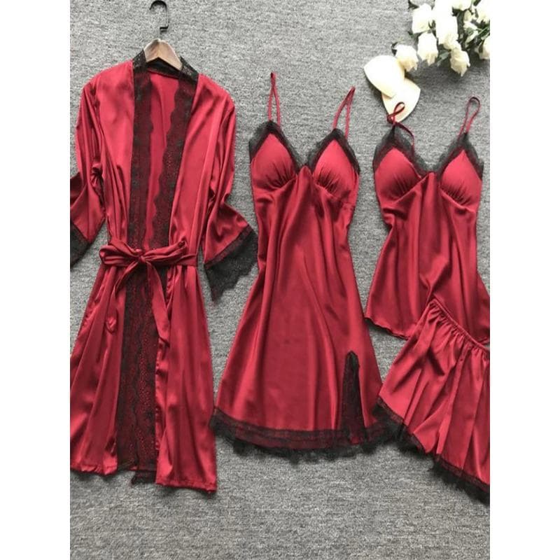 4PCS Sleepwear Pajamas Set Silk Women Nightdress Lace Dress Robe Sleep Nightwear Silk Solid Color Pijama Sets XL red