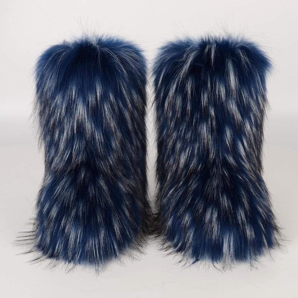 Women's New Winter Fur One-piece Imitation Raccoon Fur Warm Snow Boots Furry Shoes Outdoor Boots 44 blue