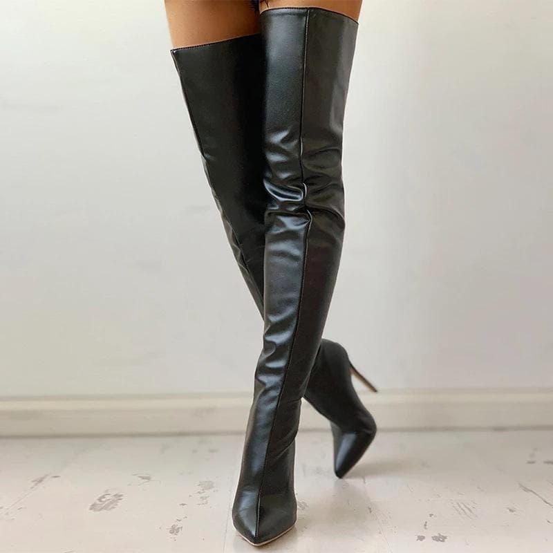 Plus Size 34-47 Sexy Over The Knee Boots Women High Heels Shoes Ladies Thigh High Boots Spring Leather Long Boots Female Shoe 43 black