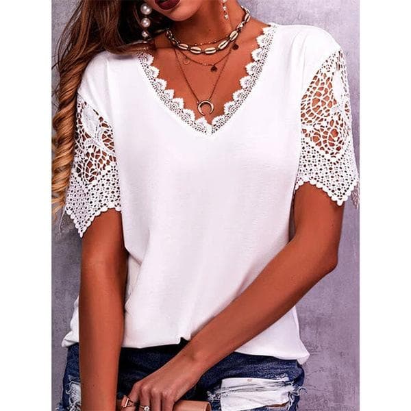 GMXIA Women's Fashion Casual Summer Spring Solid Color Print Lace Stitching Short Sleeve V-Neck T-shirts and Loose Tops M white